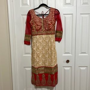 Red and Gold Pajami Suit with Net Dupatta